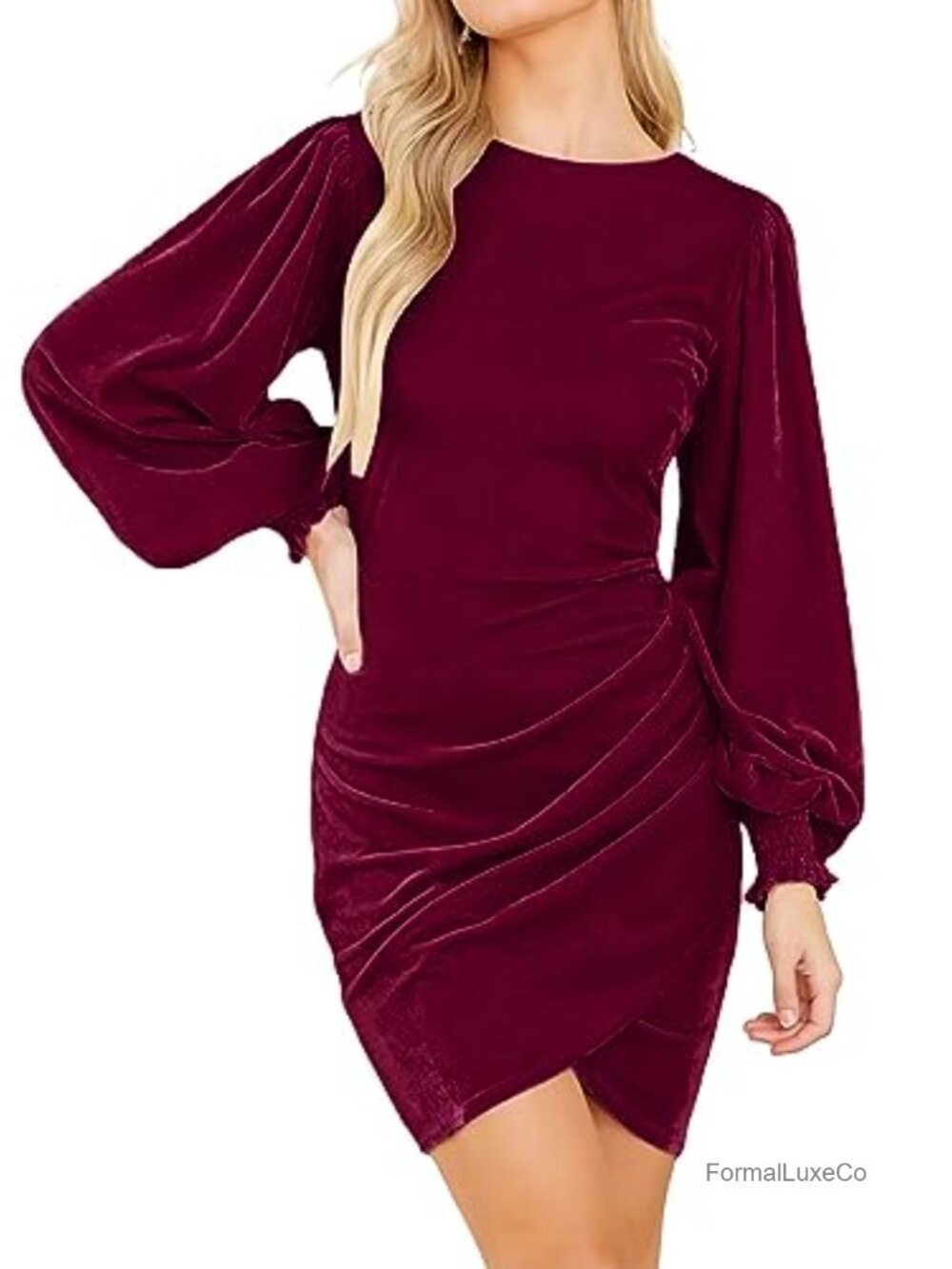Velvet Long Sleeve Bodycon Mini Dress Puff Sleeve Ruched Party Cocktail